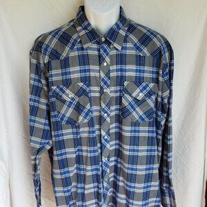 Vintage Sheplers XL Pearl Snap Western Blue Gray White Plaid Shirt